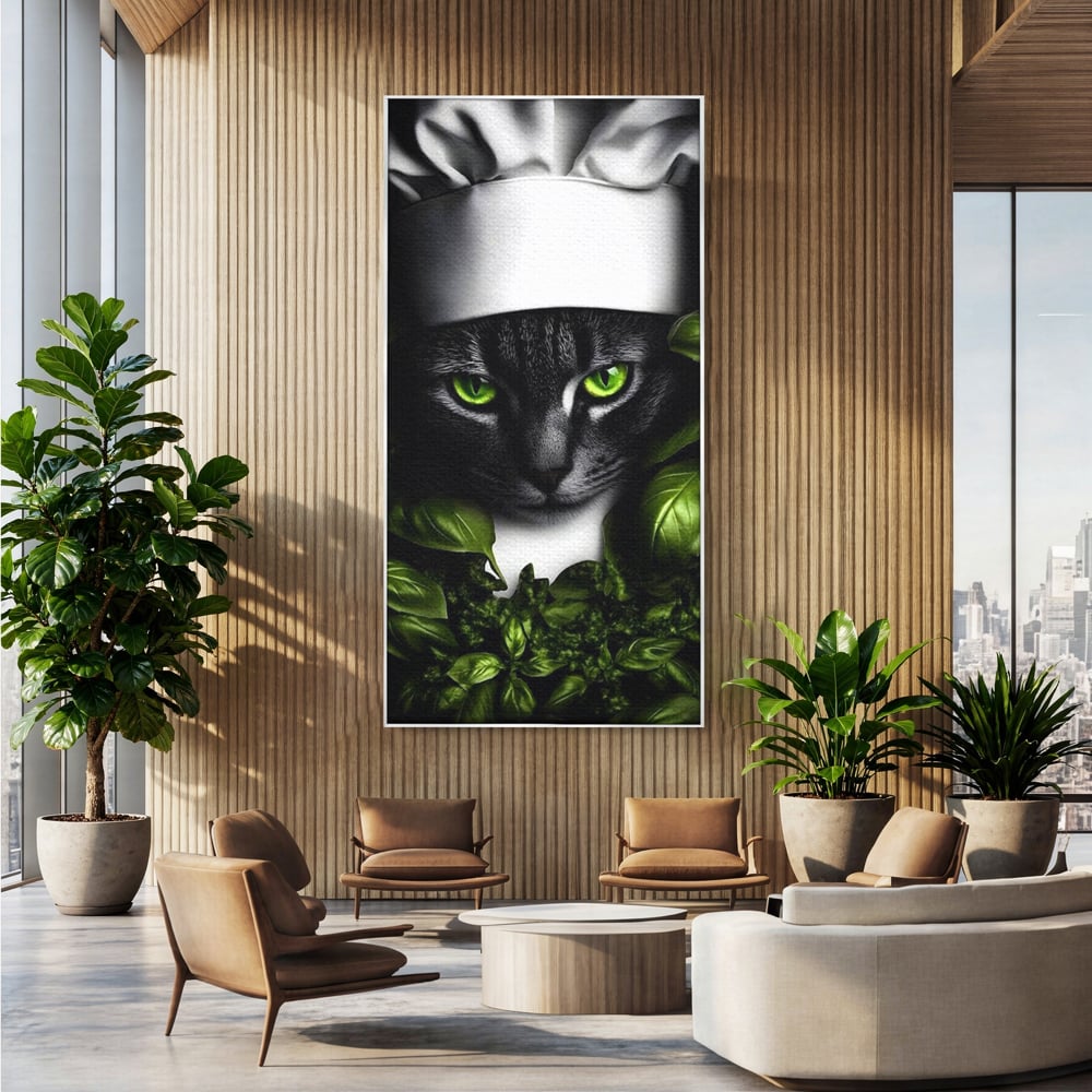Tablou canvas cu tablou canvas cu pisica bucatar si frunze, in rama de aluminiu argintiu, pe perete intr-un birou